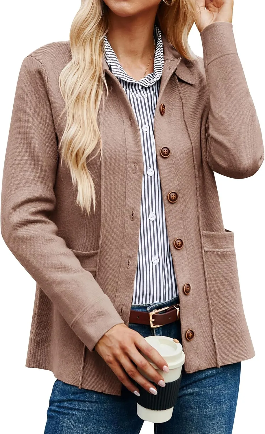 GRACE KARIN Women Casual Cardigan Knit Button Down Shirts Long Sleeve Shacket Jacket with Pockets