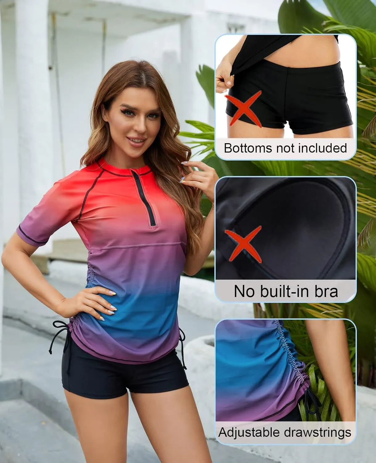 Halcurt Women's Half Zip Short Sleeve Rash Guard Swimsuit Top Ruched Swim Shirt UPF50  Quick Dry Bathing Suit