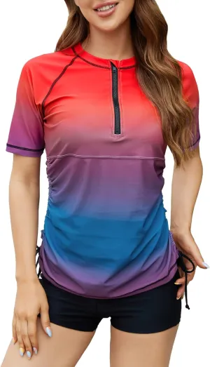 Halcurt Women's Half Zip Short Sleeve Rash Guard Swimsuit Top Ruched Swim Shirt UPF50  Quick Dry Bathing Suit