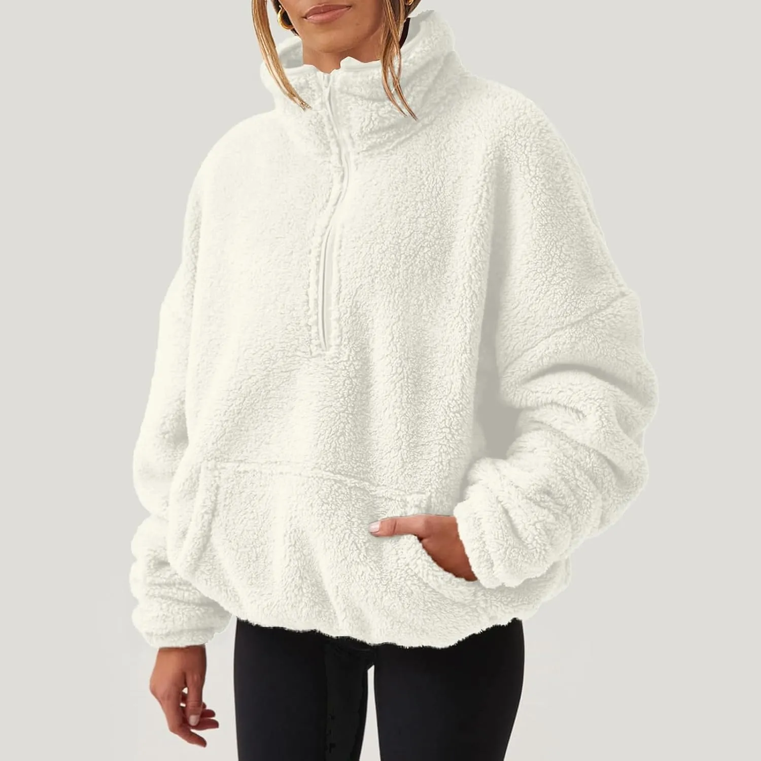 Half Zip Pullover Women Sherpa Fleece Oversized Hoodie Cute Fuzzy Cropped Sweatshirts with Pockets Pullover Sweaters