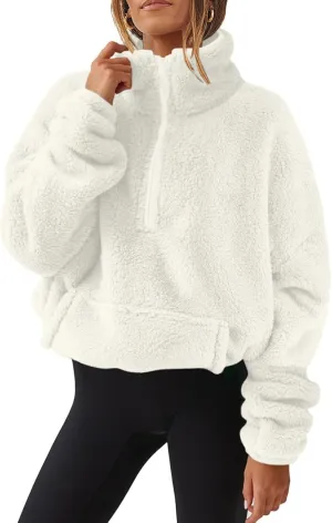 Half Zip Pullover Women Sherpa Fleece Oversized Hoodie Cute Fuzzy Cropped Sweatshirts with Pockets Pullover Sweaters