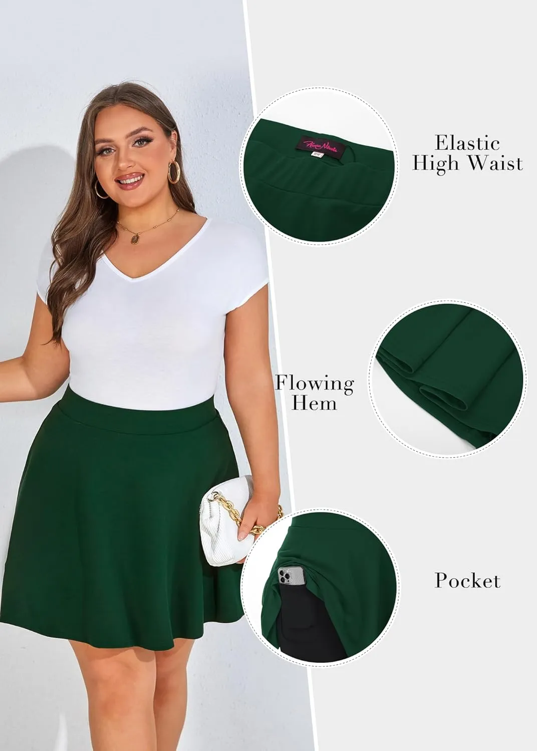 Hanna Nikole Women Plus Size Casual Mini Skater Skirt Elastic Lining High Waist Basic Flared Skorts Pleated with Pocket