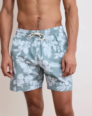Hartford Men's Celadon Green Hibiscus Printed Swim Trunks