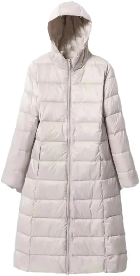Hgvcfcv Women Long Down Jacket Lightweight Knee Fit Hooded Down Coat Casual Puffer Jackets