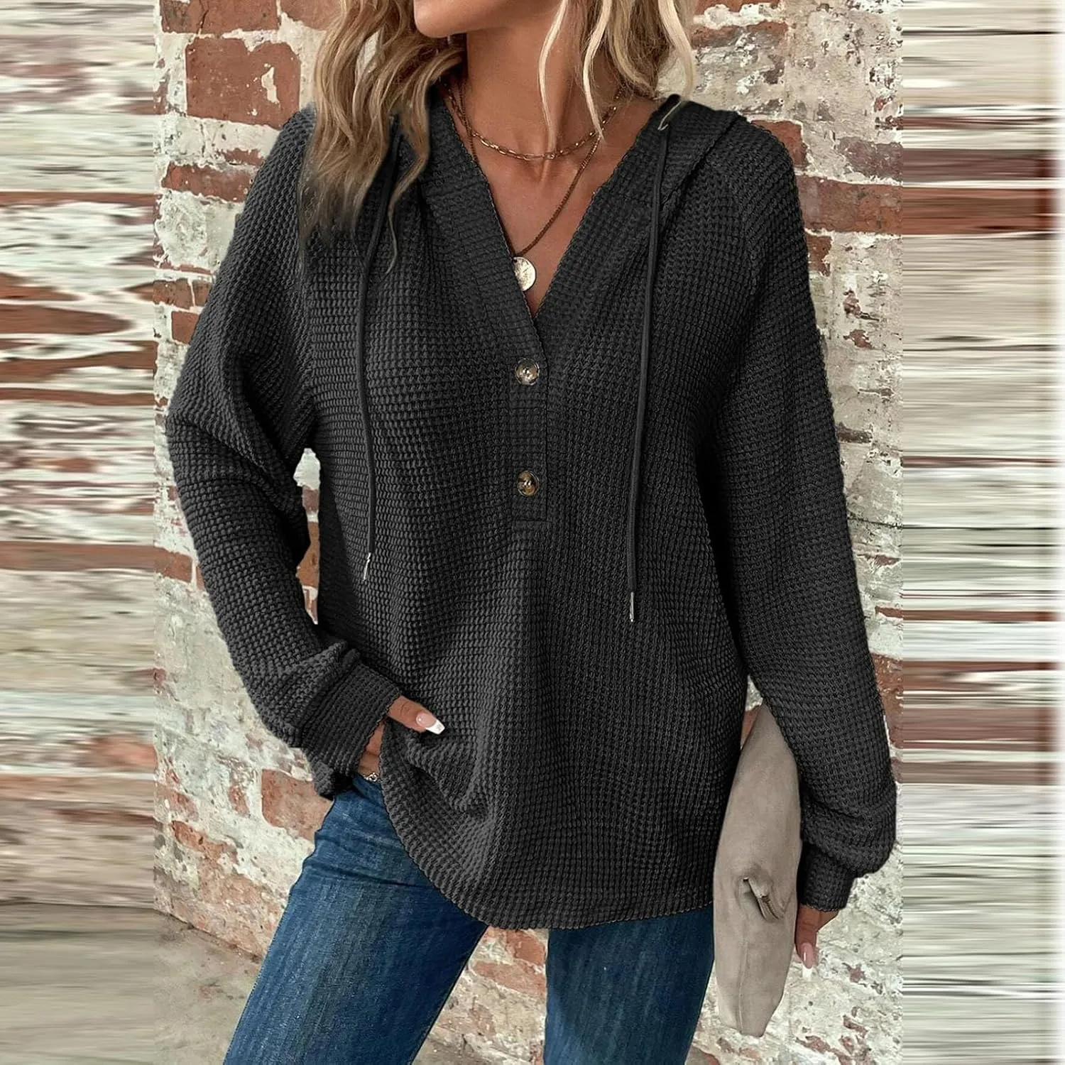 Hoodies for Women Comfy V Neck Waffle Knit Hooded Sweatshirts Drawstring Casual Long Sleeve Fall Pullover Sweaters