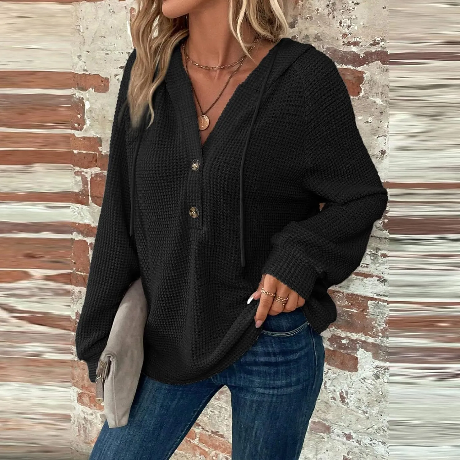 Hoodies for Women Comfy V Neck Waffle Knit Hooded Sweatshirts Drawstring Casual Long Sleeve Fall Pullover Sweaters