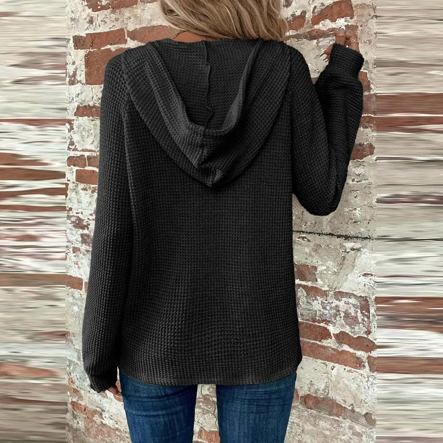 Hoodies for Women Comfy V Neck Waffle Knit Hooded Sweatshirts Drawstring Casual Long Sleeve Fall Pullover Sweaters