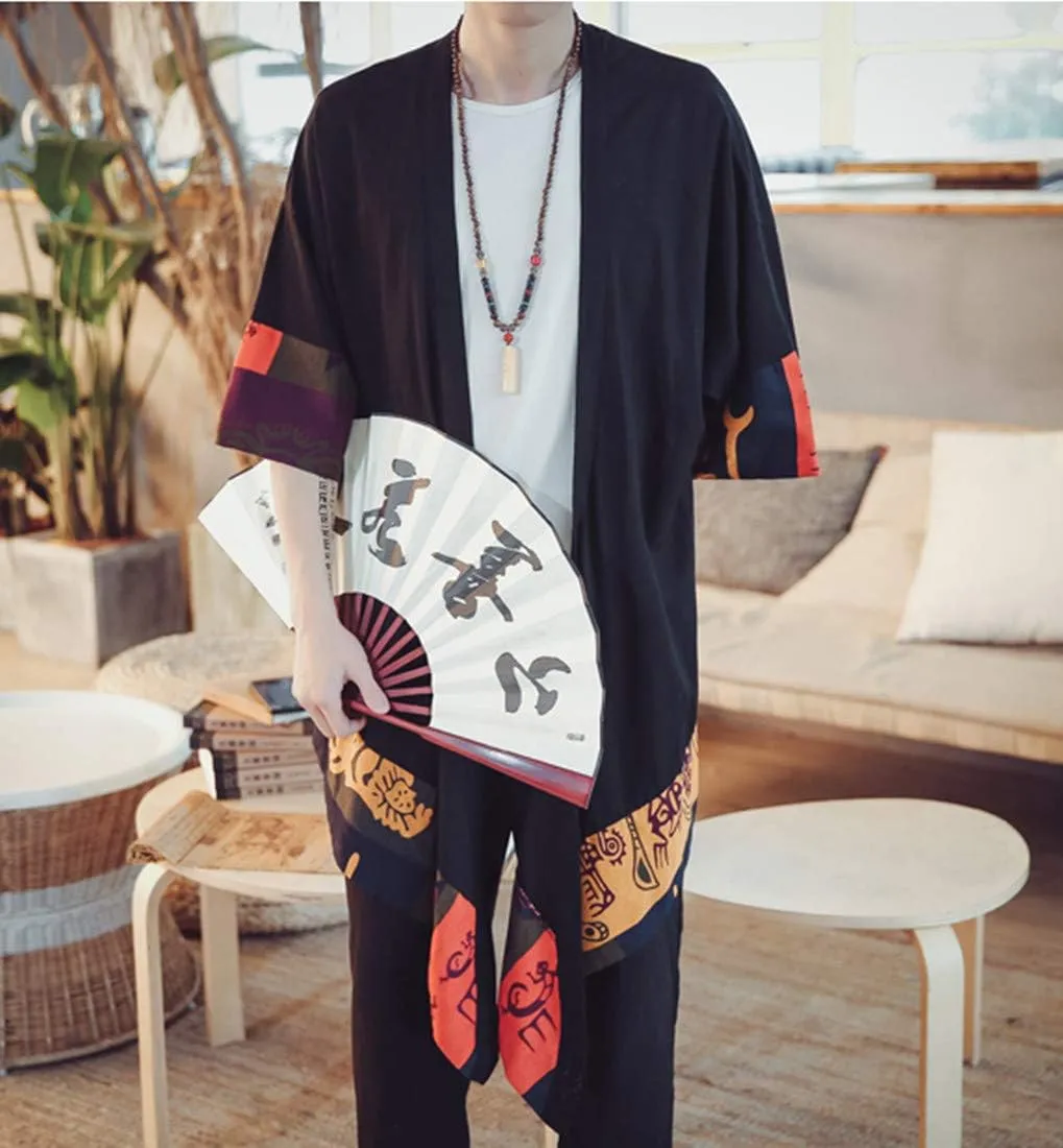 HZCX FASHION Men's Cotton Linen Long Kimono Jackets Open Front Cardigan Cloak