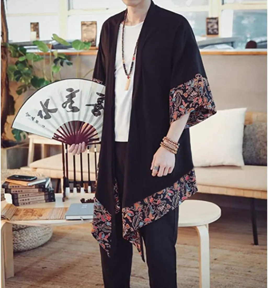 HZCX FASHION Men's Cotton Linen Long Kimono Jackets Open Front Cardigan Cloak