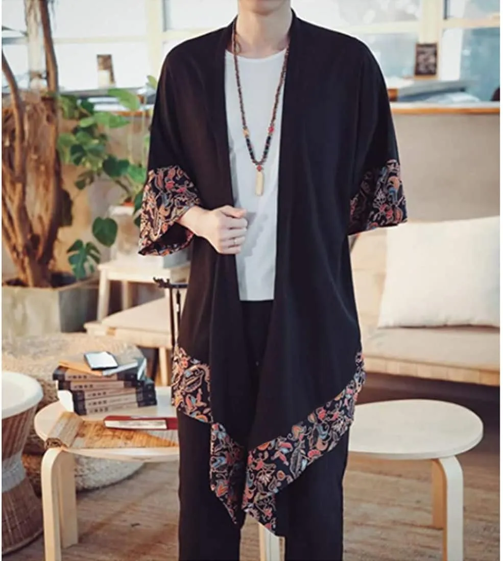 HZCX FASHION Men's Cotton Linen Long Kimono Jackets Open Front Cardigan Cloak