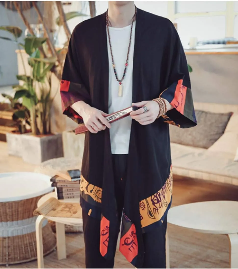 HZCX FASHION Men's Cotton Linen Long Kimono Jackets Open Front Cardigan Cloak