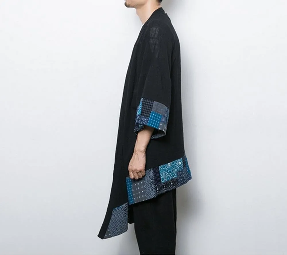 HZCX FASHION Men's Cotton Linen Long Kimono Jackets Open Front Cardigan Cloak