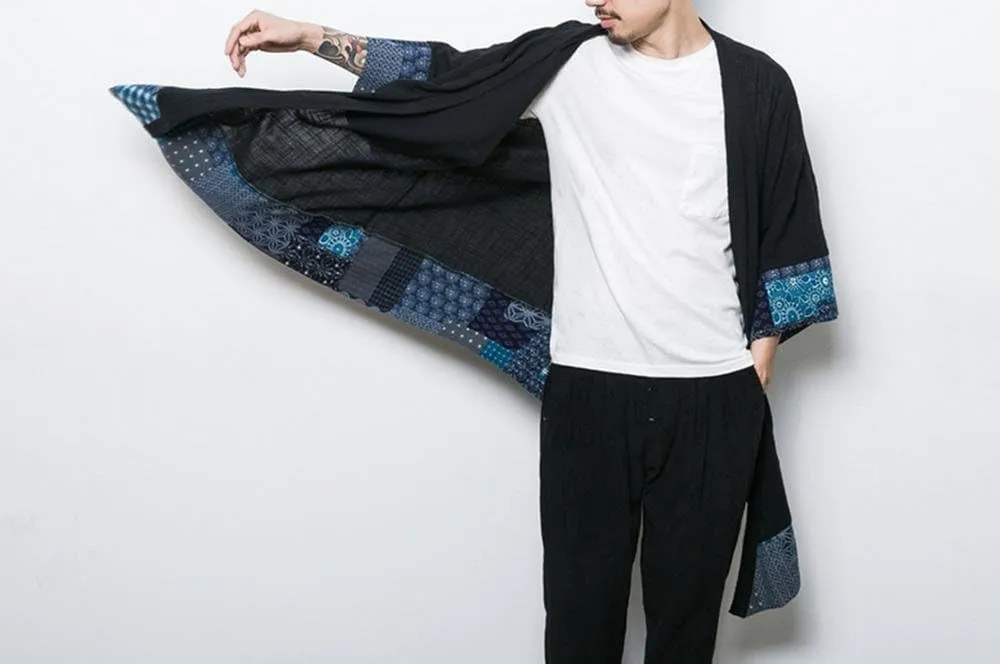 HZCX FASHION Men's Cotton Linen Long Kimono Jackets Open Front Cardigan Cloak