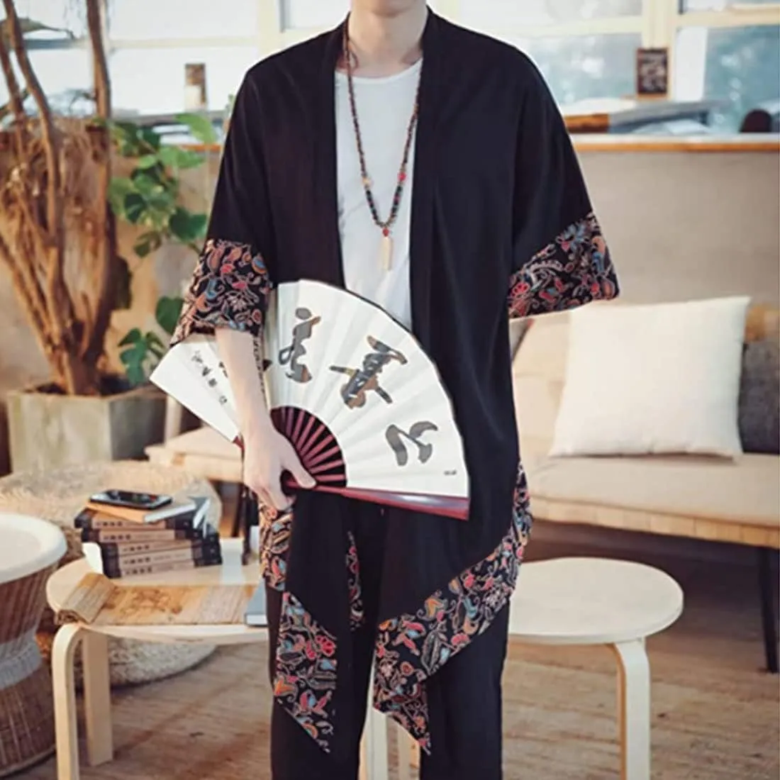 HZCX FASHION Men's Cotton Linen Long Kimono Jackets Open Front Cardigan Cloak