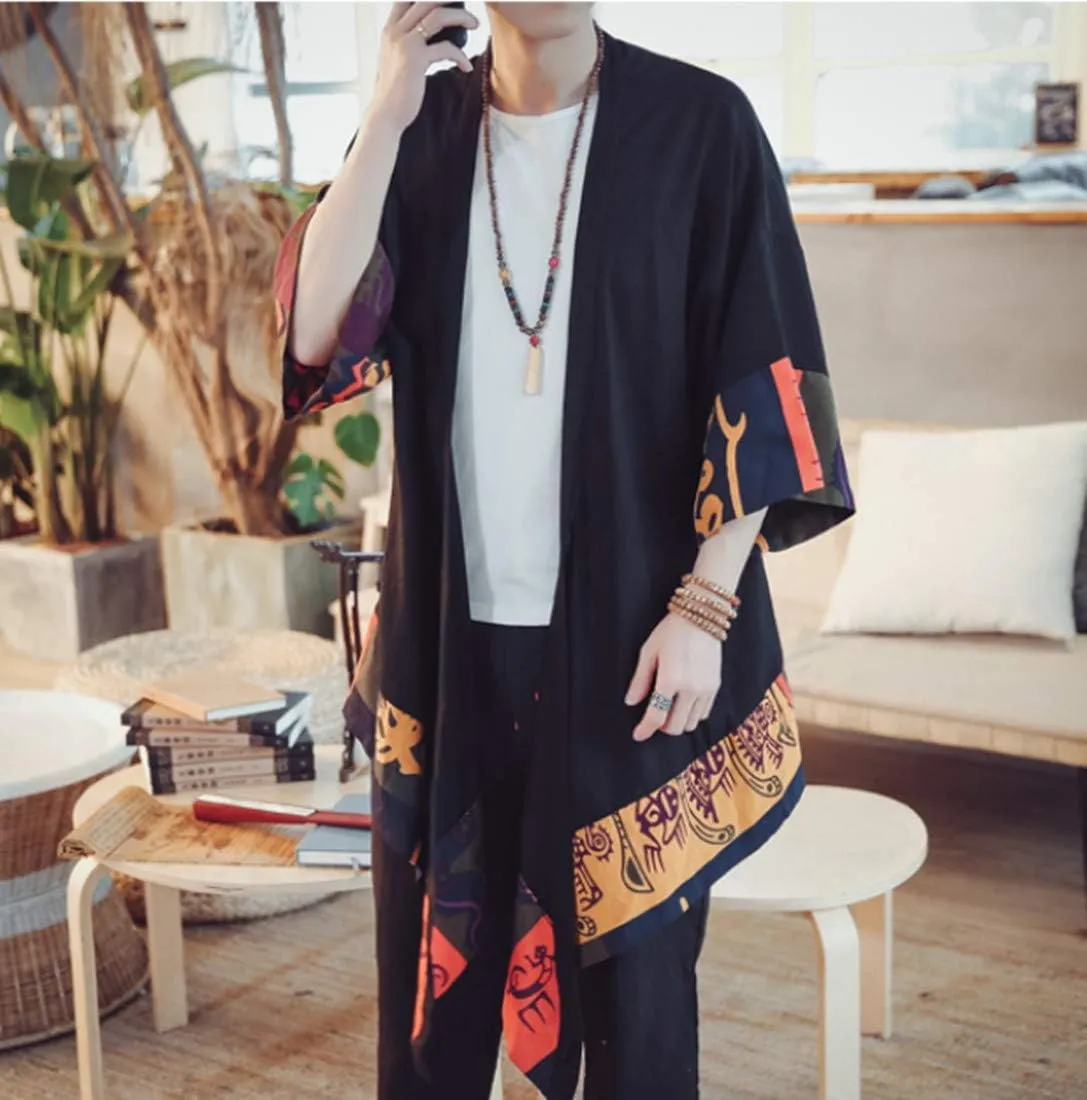 HZCX FASHION Men's Cotton Linen Long Kimono Jackets Open Front Cardigan Cloak