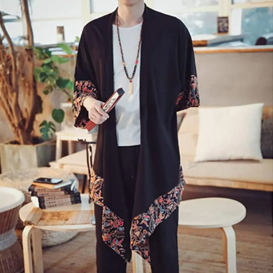 HZCX FASHION Men's Cotton Linen Long Kimono Jackets Open Front Cardigan Cloak