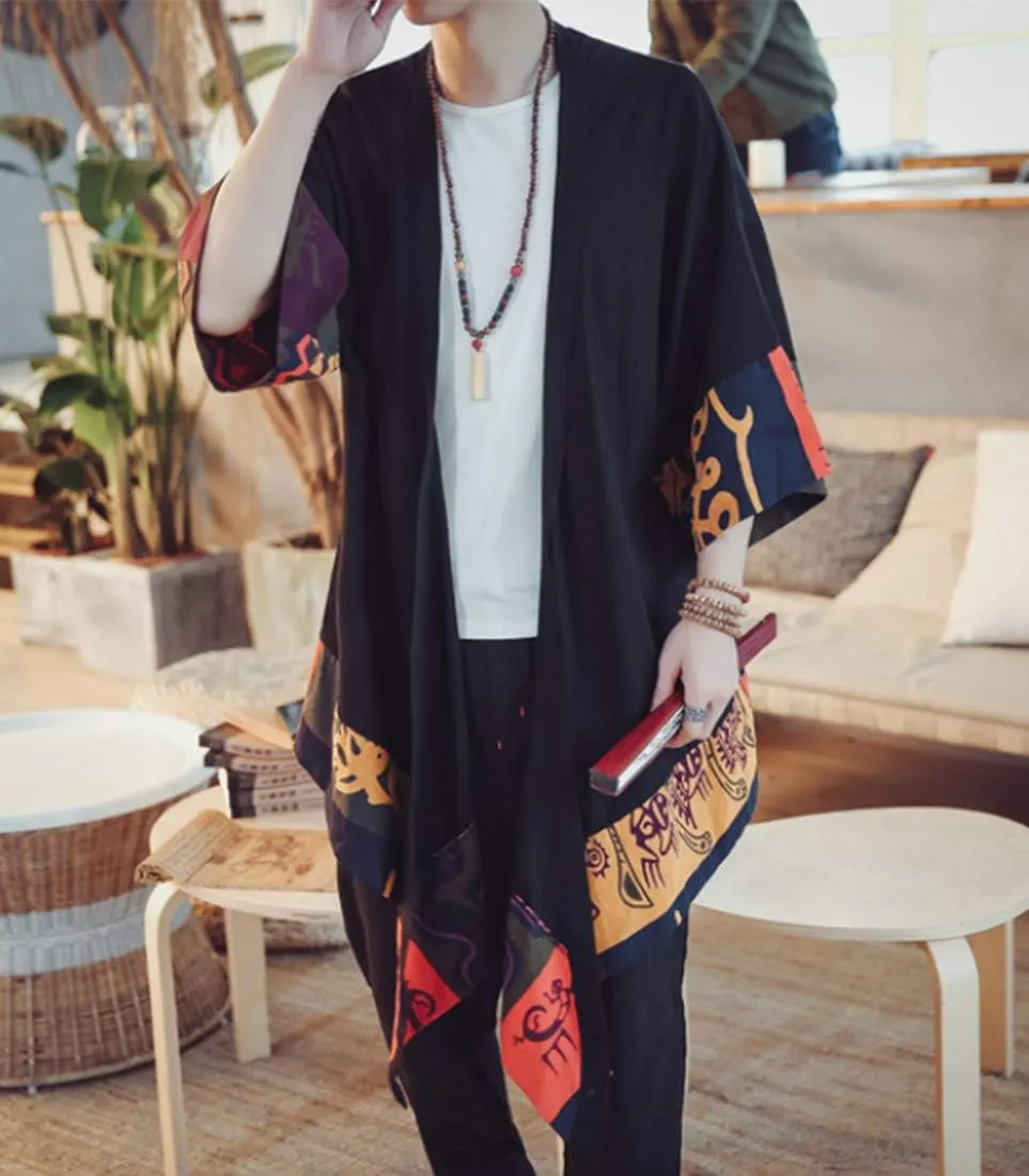 HZCX FASHION Men's Cotton Linen Long Kimono Jackets Open Front Cardigan Cloak