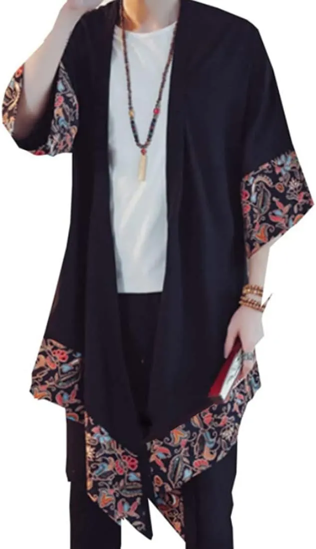 HZCX FASHION Men's Cotton Linen Long Kimono Jackets Open Front Cardigan Cloak