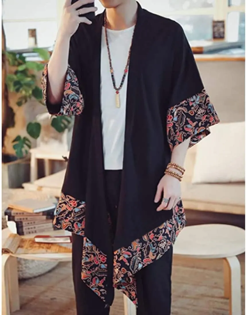 HZCX FASHION Men's Cotton Linen Long Kimono Jackets Open Front Cardigan Cloak
