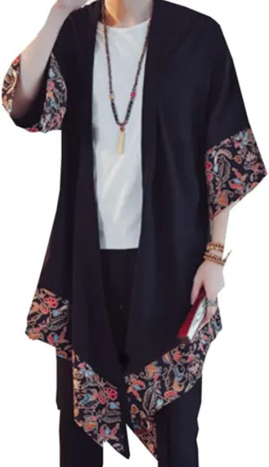 HZCX FASHION Men's Cotton Linen Long Kimono Jackets Open Front Cardigan Cloak
