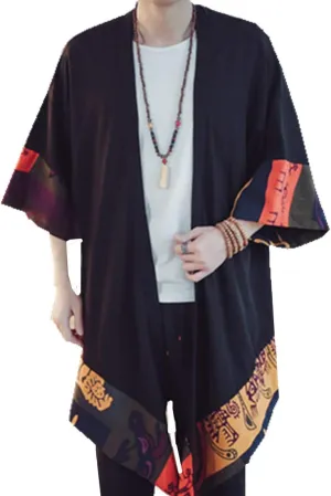 HZCX FASHION Men's Cotton Linen Long Kimono Jackets Open Front Cardigan Cloak