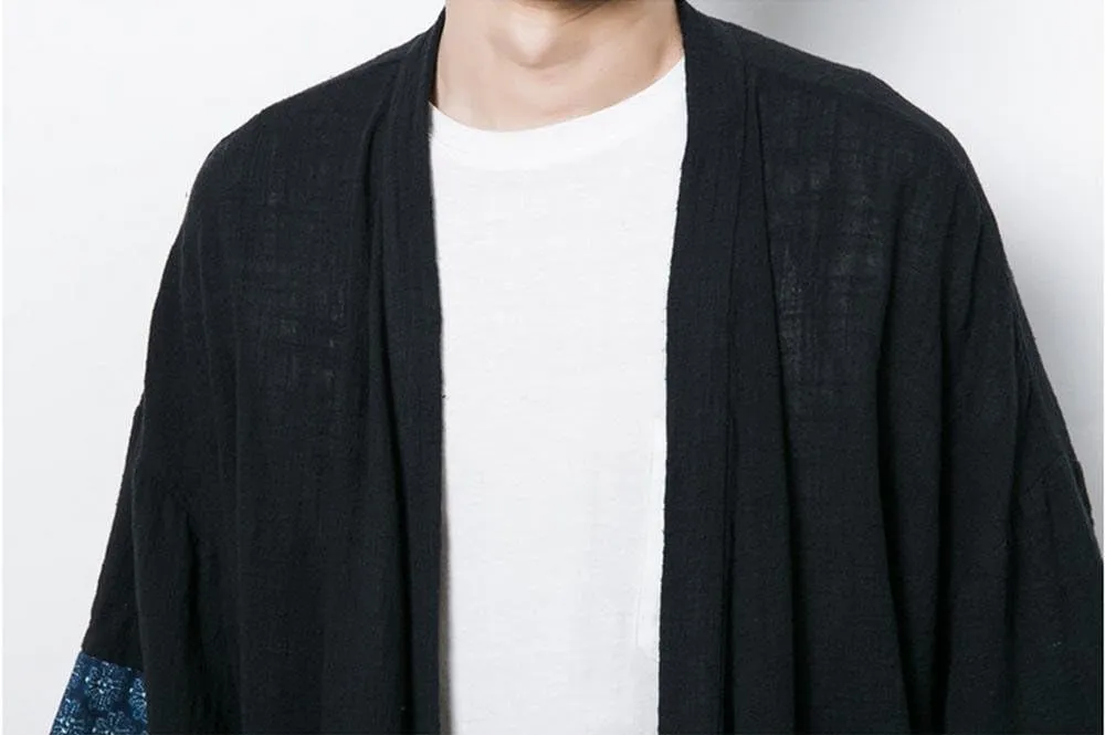 HZCX FASHION Men's Cotton Linen Long Kimono Jackets Open Front Cardigan Cloak