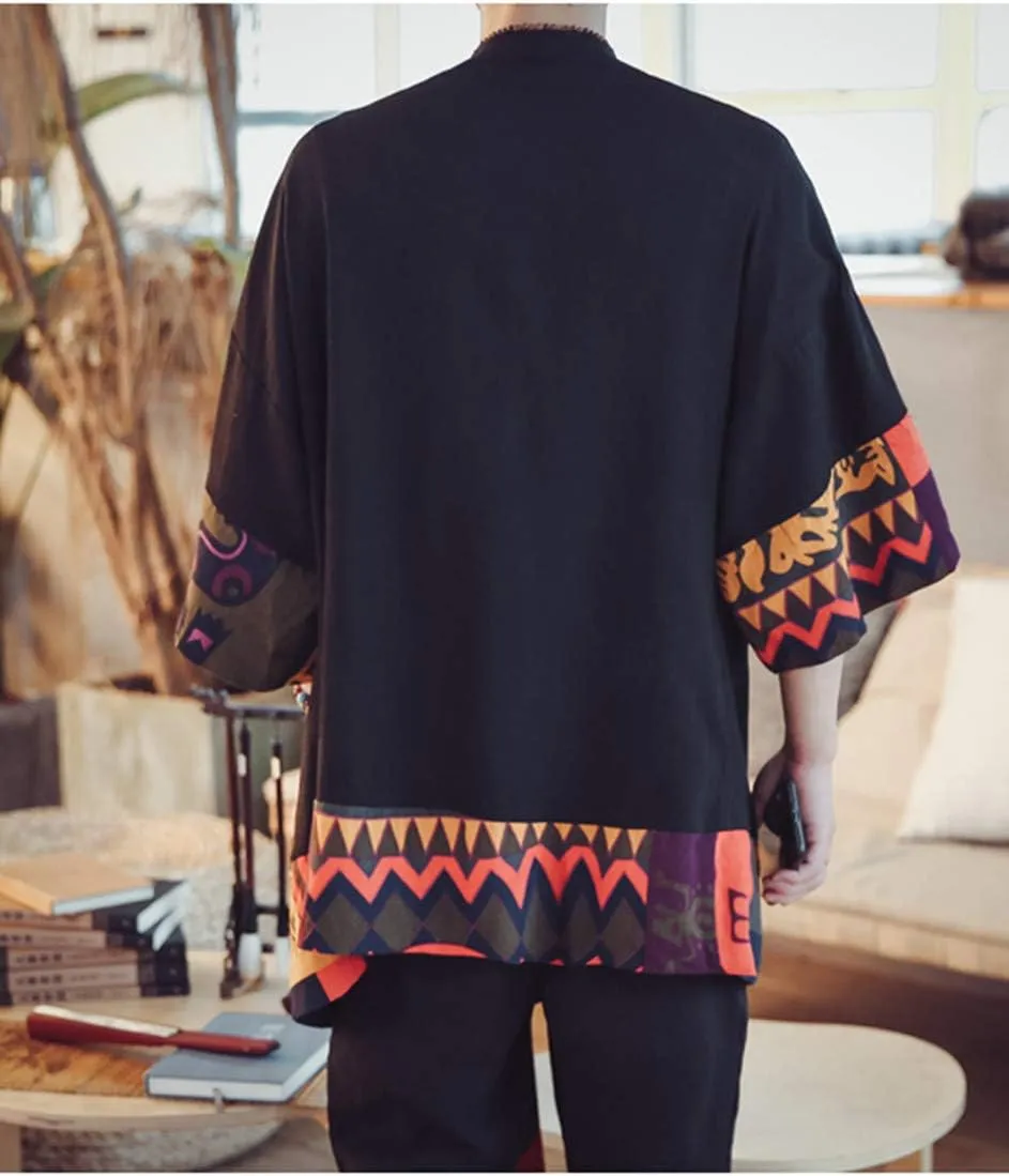 HZCX FASHION Men's Cotton Linen Long Kimono Jackets Open Front Cardigan Cloak