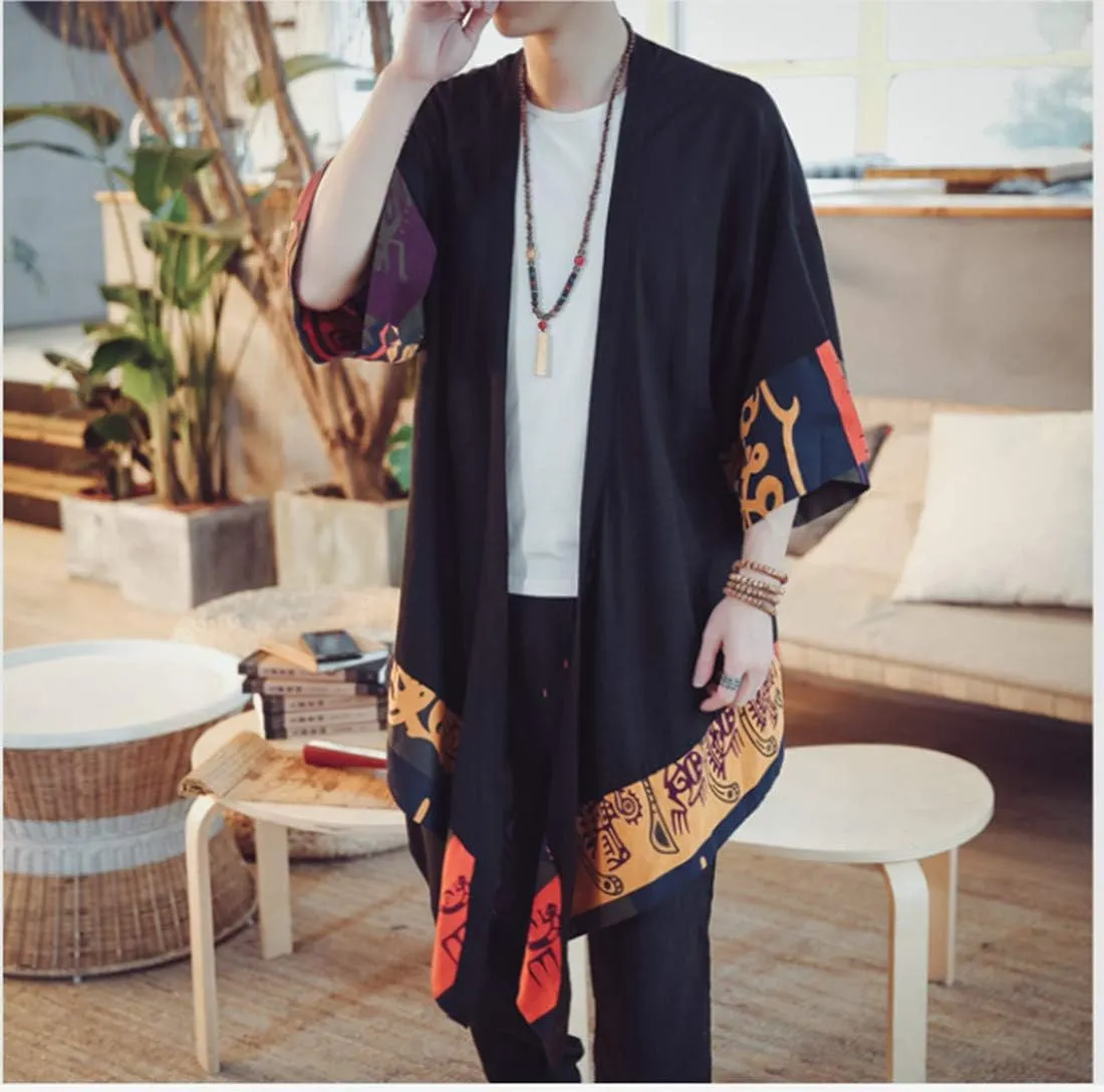 HZCX FASHION Men's Cotton Linen Long Kimono Jackets Open Front Cardigan Cloak