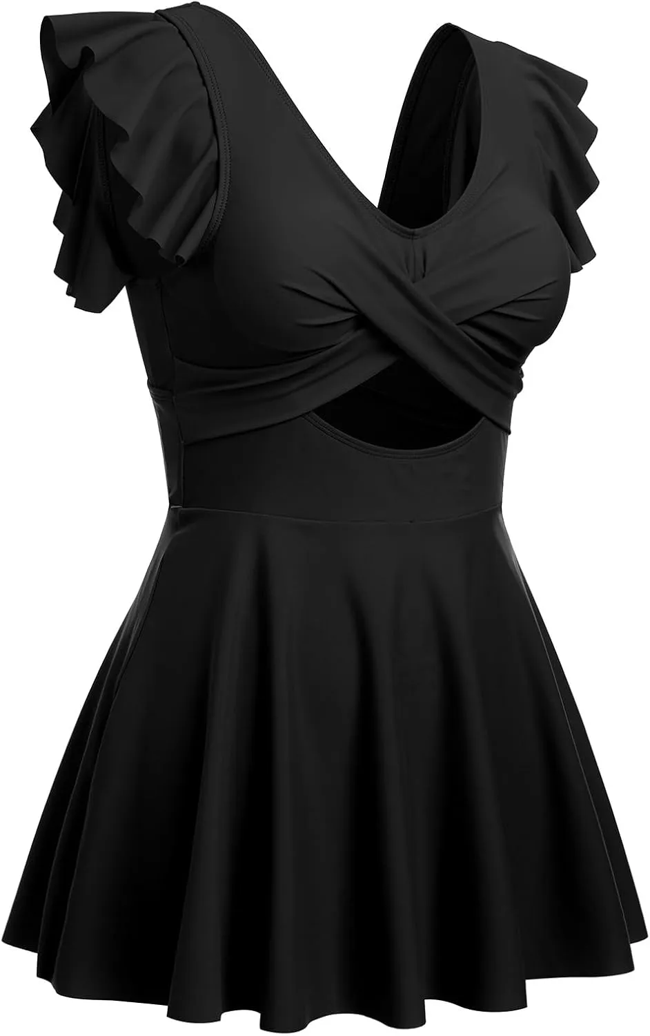 IDOPIP Womens One Piece Swimdress Cutout Ruffle Swimsuit with Shorts V Neck Bathing Suit Beach Tummy Control Swimming Suit
