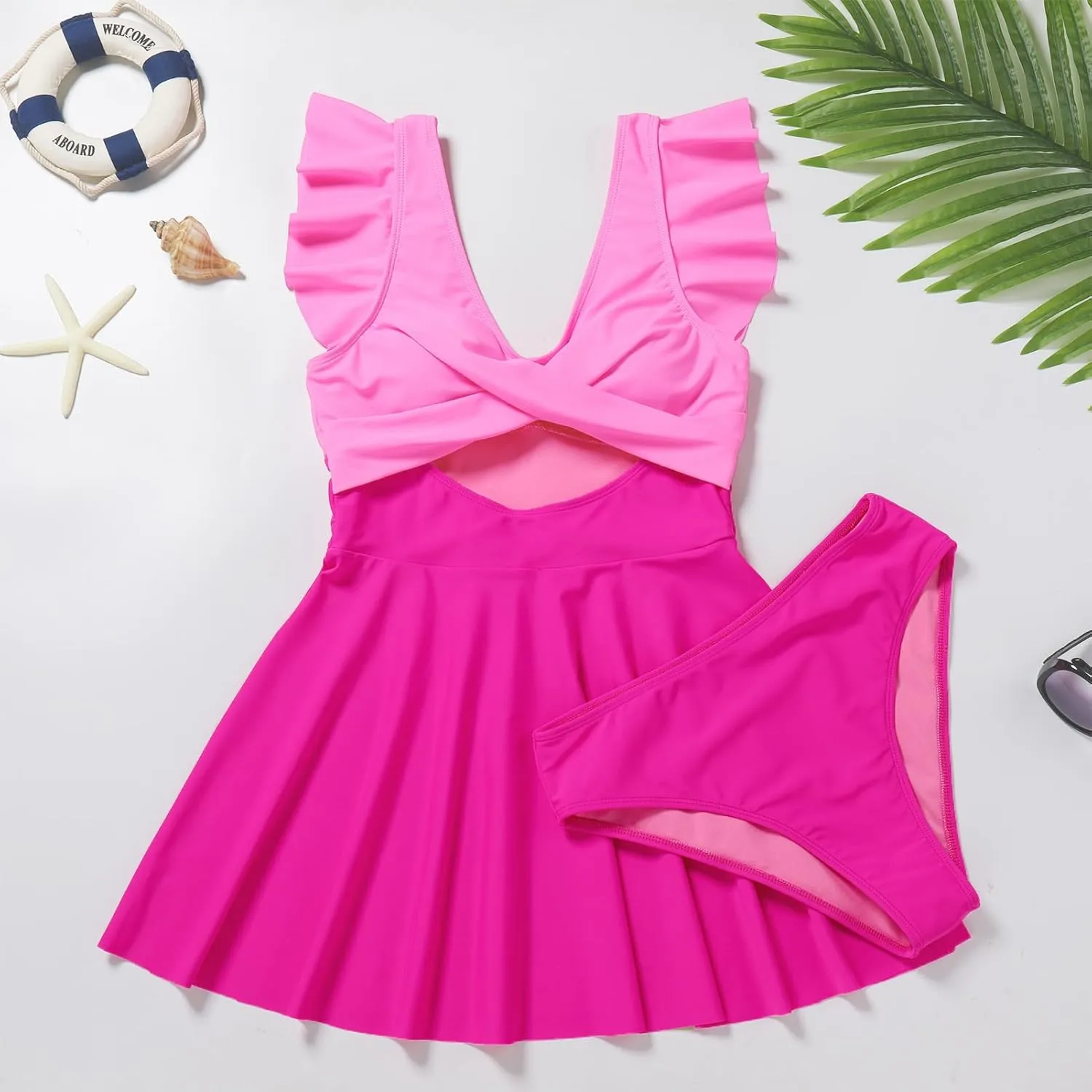 IDOPIP Womens One Piece Swimdress Cutout Ruffle Swimsuit with Shorts V Neck Bathing Suit Beach Tummy Control Swimming Suit