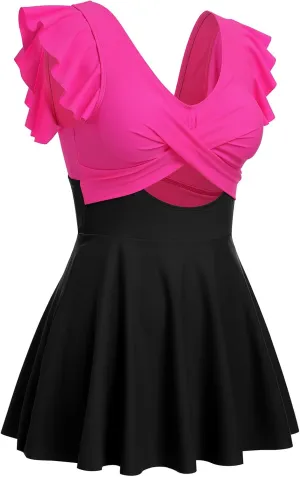IDOPIP Womens One Piece Swimdress Cutout Ruffle Swimsuit with Shorts V Neck Bathing Suit Beach Tummy Control Swimming Suit