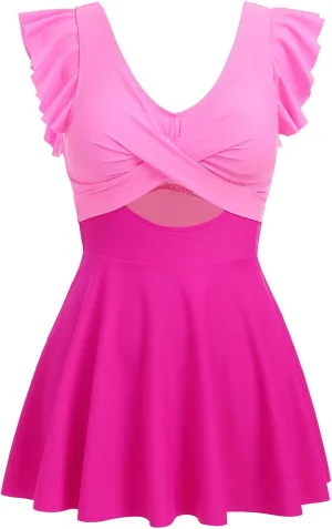 IDOPIP Womens One Piece Swimdress Cutout Ruffle Swimsuit with Shorts V Neck Bathing Suit Beach Tummy Control Swimming Suit