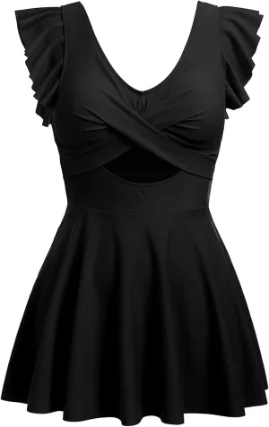 IDOPIP Womens One Piece Swimdress Cutout Ruffle Swimsuit with Shorts V Neck Bathing Suit Beach Tummy Control Swimming Suit