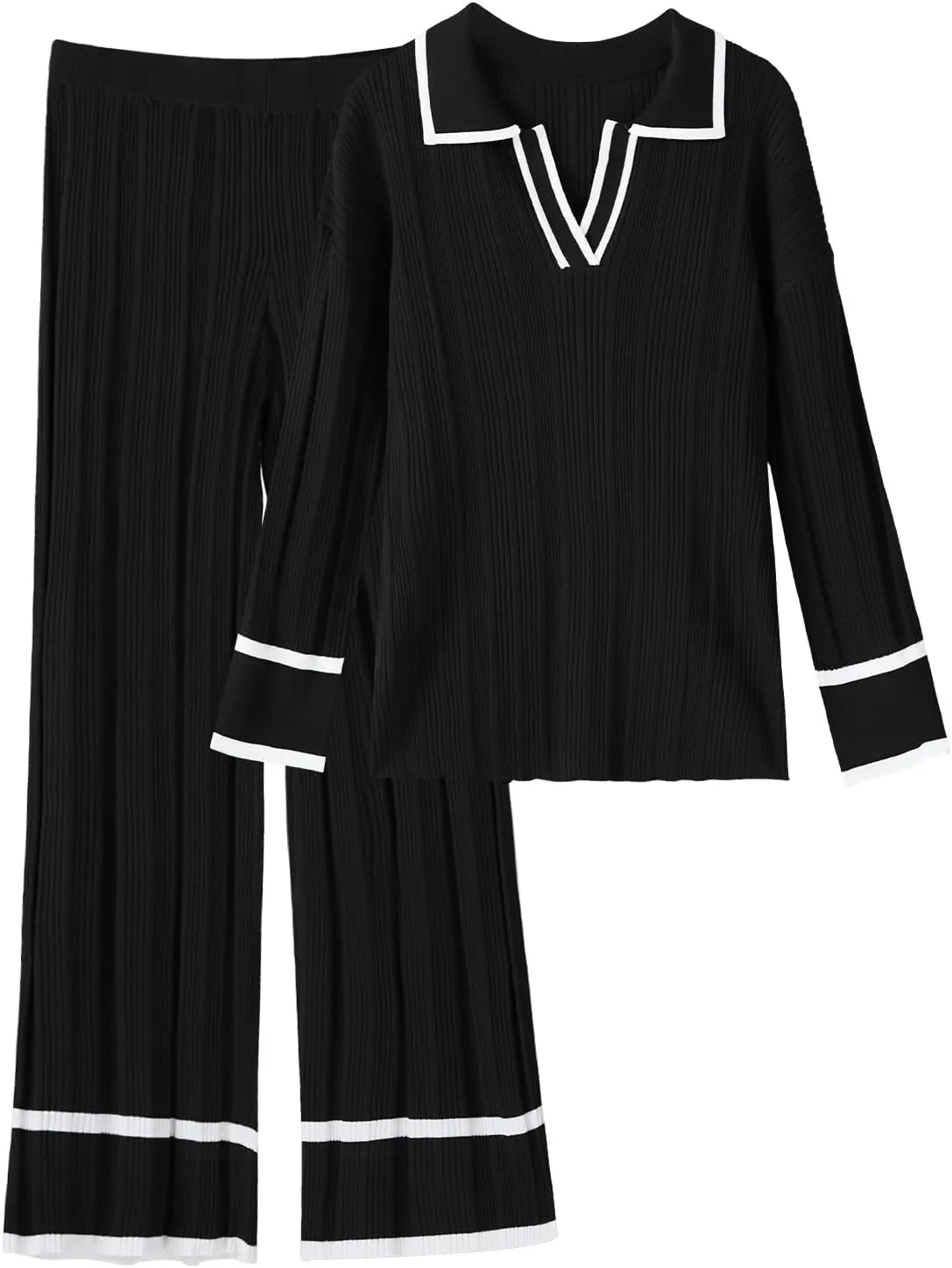 Imily Bela Womens 2 Piece Outfits Long Sleeve V Neck Sweaters Wide Leg Pants Lounge Sets Fall Winter Knit Tracksuits, Black, X-Large
