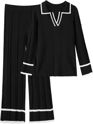 Imily Bela Womens 2 Piece Outfits Long Sleeve V Neck Sweaters Wide Leg Pants Lounge Sets Fall Winter Knit Tracksuits, Black, X-Large