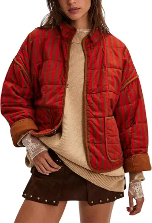 InterNos Womens Quilted Jacket Lightweight Winter Striped Stand Collar Padded Puffer Cardigan Coat with Pockets