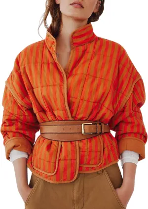 InterNos Womens Quilted Jacket Lightweight Winter Striped Stand Collar Padded Puffer Cardigan Coat with Pockets