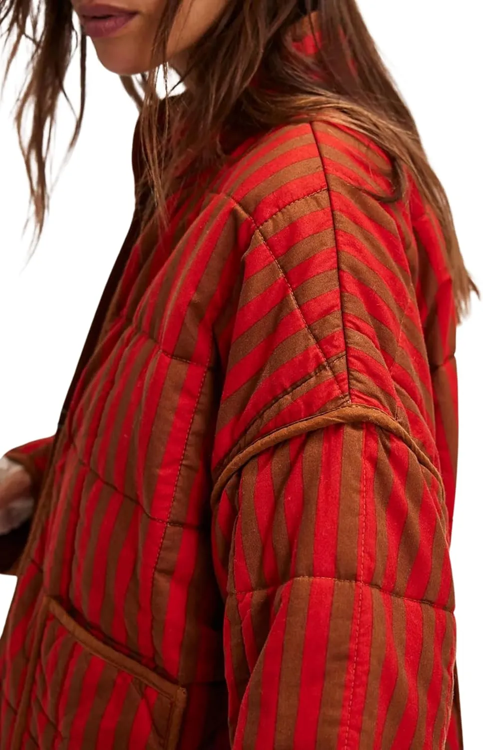 InterNos Womens Quilted Jacket Lightweight Winter Striped Stand Collar Padded Puffer Cardigan Coat with Pockets