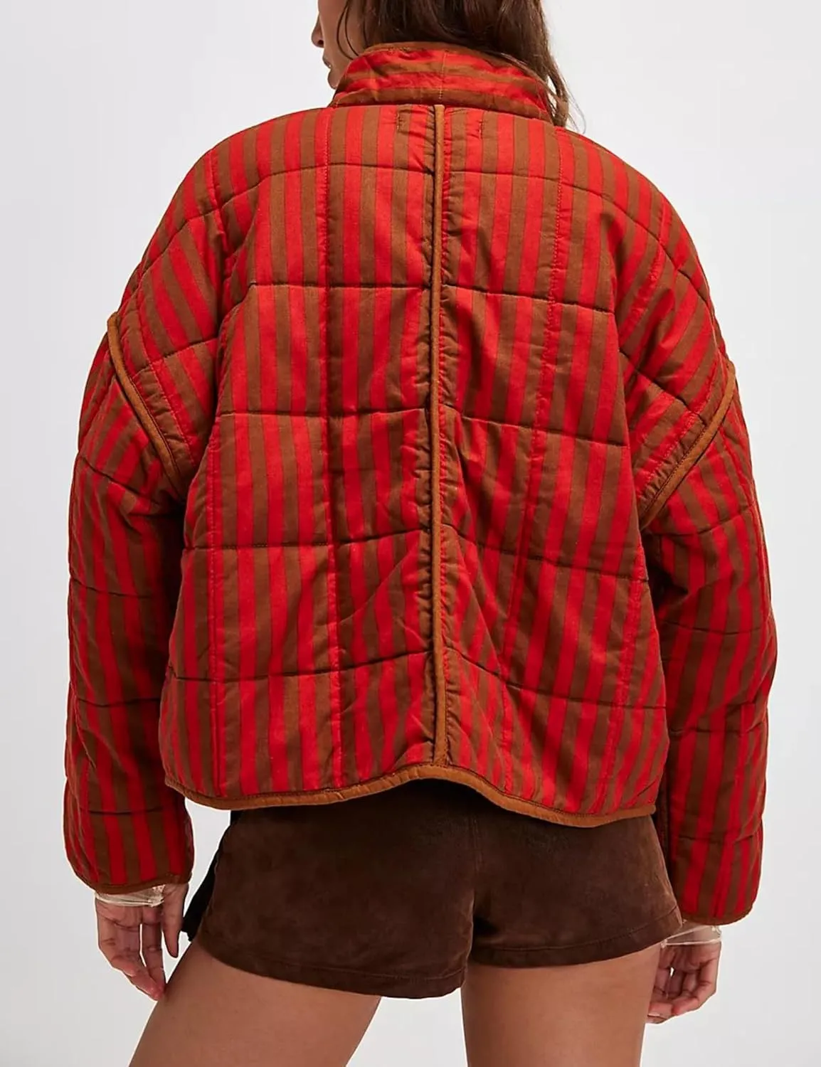 InterNos Womens Quilted Jacket Lightweight Winter Striped Stand Collar Padded Puffer Cardigan Coat with Pockets