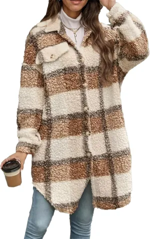 IVERIRMIN Women's Button Down Plaid Fuzzy Jacket Long Sleeve Notch Lapel Oversized Trench Coat Warm Winter Outwear