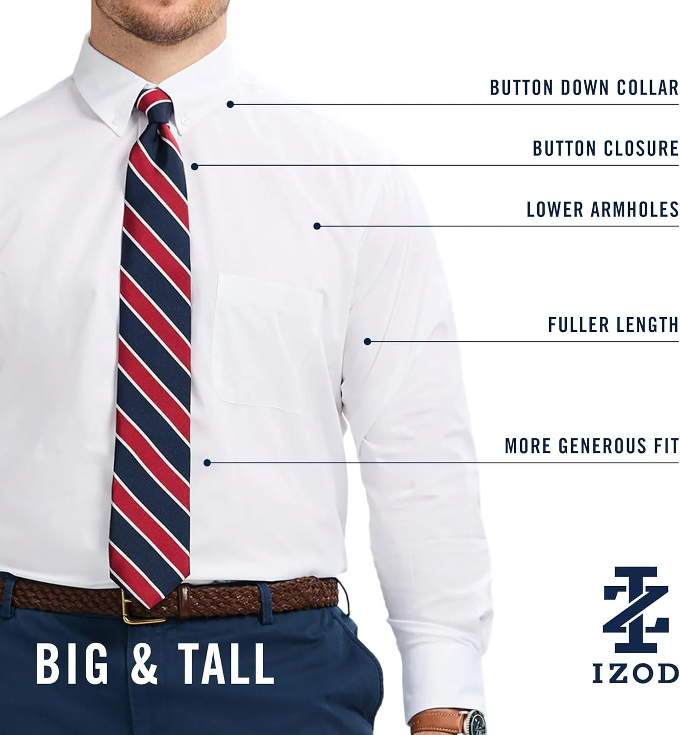 IZOD Men's Big and Tall Dress Shirt Long Sleeve Wrinkle Free Stretch Button Down Collar