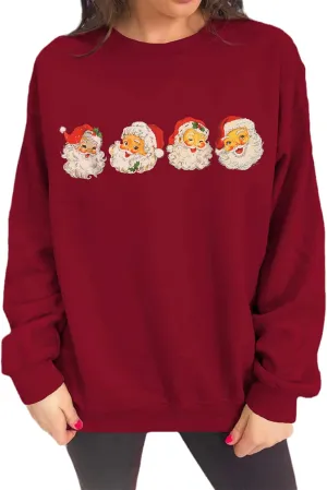 IZYJOY Women Christmas Santa Sweatshirt Retro Santa Claus Pullover Oversized Top Crewneck Long Sleeve Xmas Vacation Sweaters