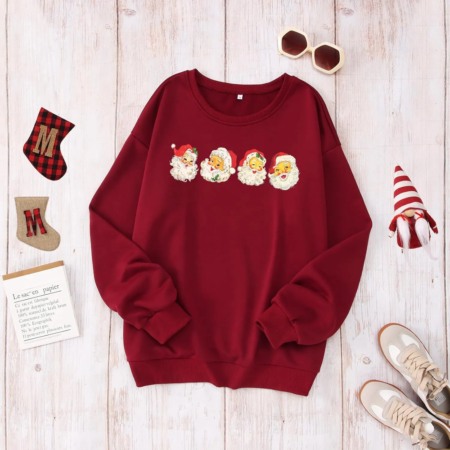IZYJOY Women Christmas Santa Sweatshirt Retro Santa Claus Pullover Oversized Top Crewneck Long Sleeve Xmas Vacation Sweaters