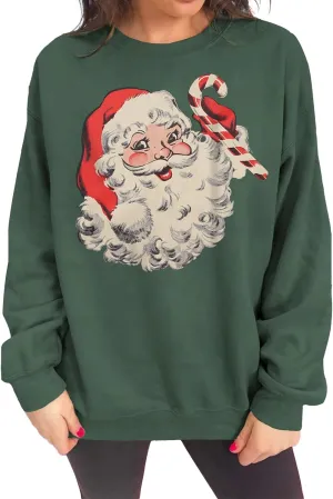 IZYJOY Women Christmas Santa Sweatshirt Retro Santa Claus Pullover Oversized Top Crewneck Long Sleeve Xmas Vacation Sweaters