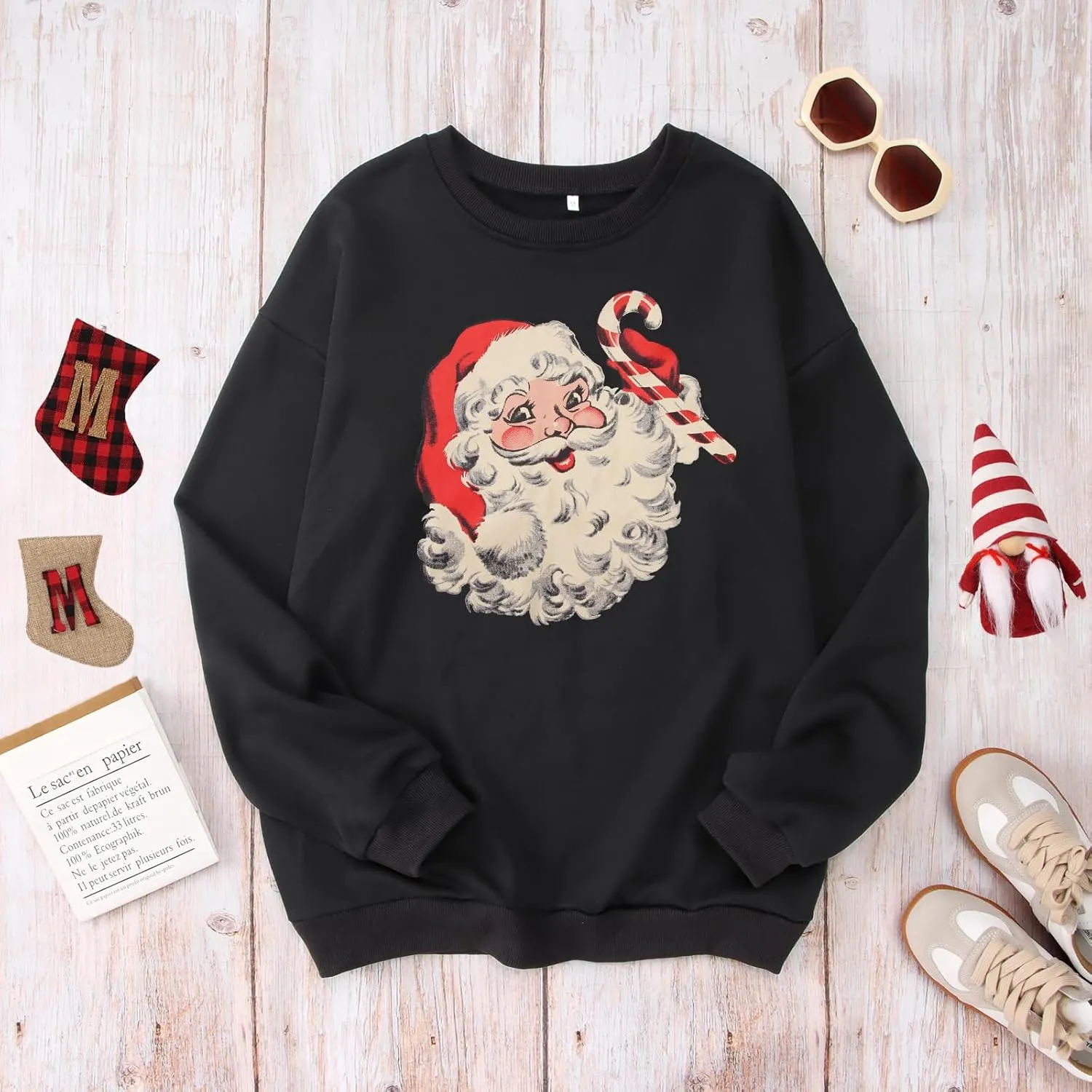 IZYJOY Women Christmas Santa Sweatshirt Retro Santa Claus Pullover Oversized Top Crewneck Long Sleeve Xmas Vacation Sweaters
