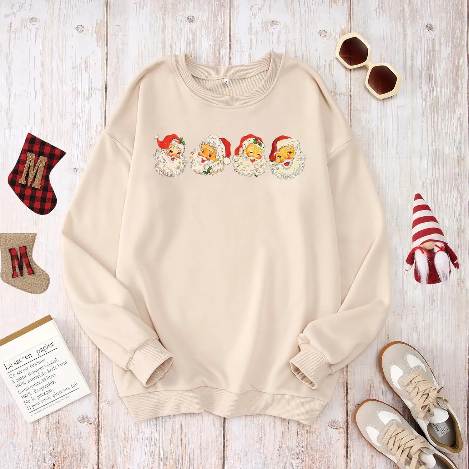 IZYJOY Women Christmas Santa Sweatshirt Retro Santa Claus Pullover Oversized Top Crewneck Long Sleeve Xmas Vacation Sweaters