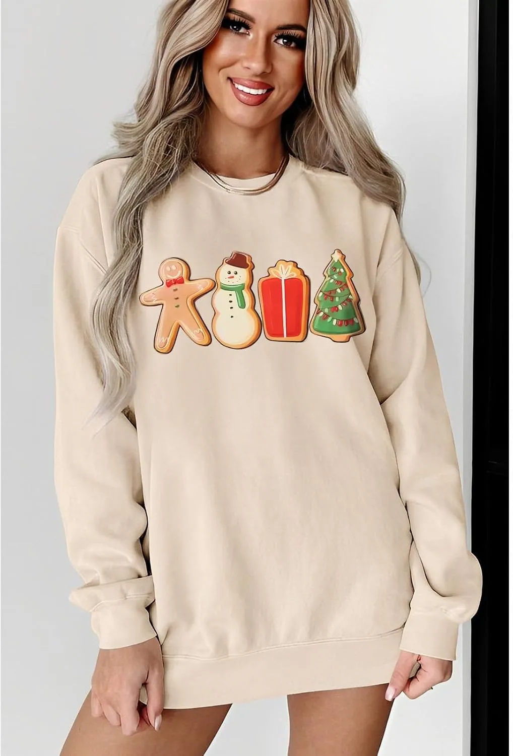 IZYJOY Women Christmas Sweatshirt Gingerbread Cookies Graphic Oversized Sweaters Xmas Tree Crewneck Holiday Winter Gifts Top