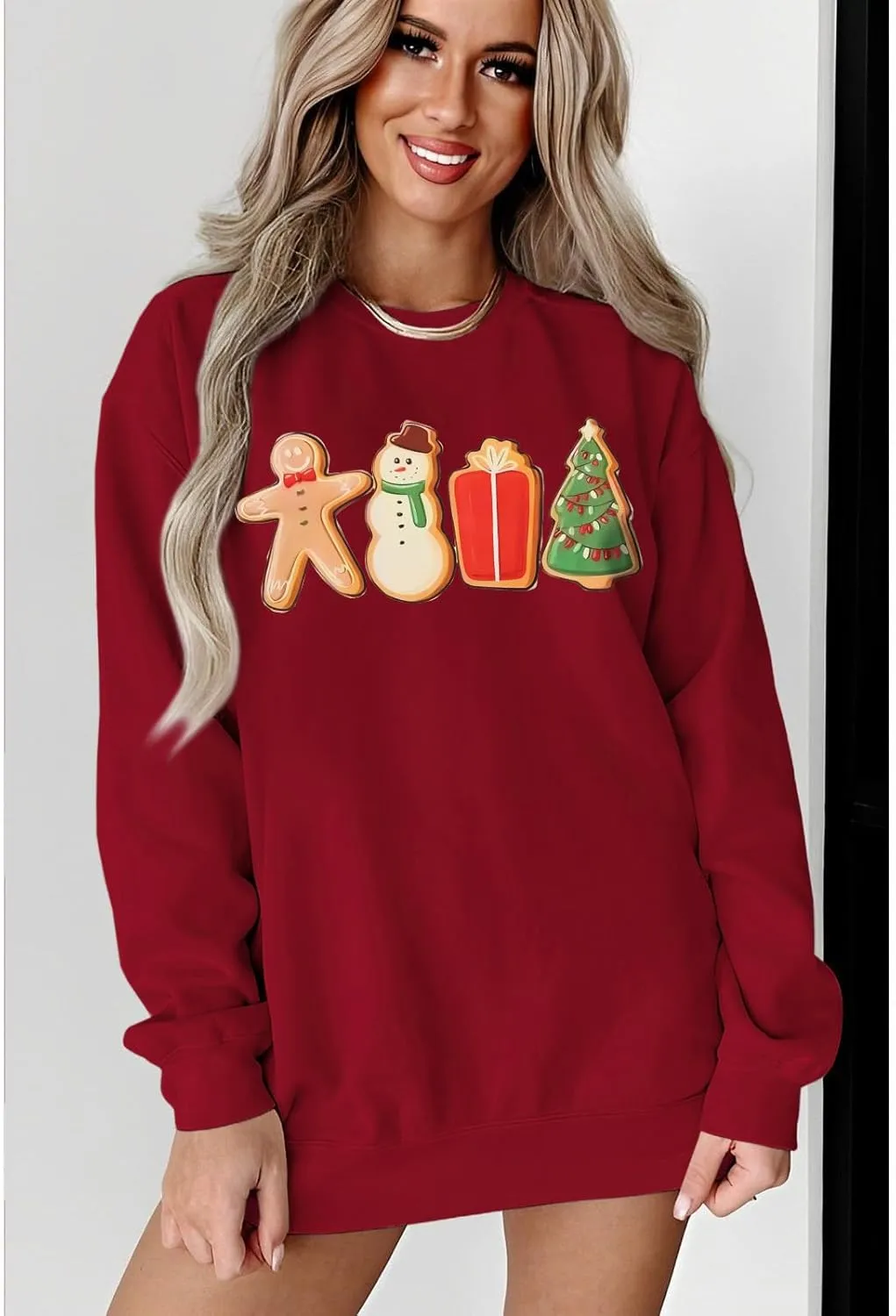 IZYJOY Women Christmas Sweatshirt Gingerbread Cookies Graphic Oversized Sweaters Xmas Tree Crewneck Holiday Winter Gifts Top
