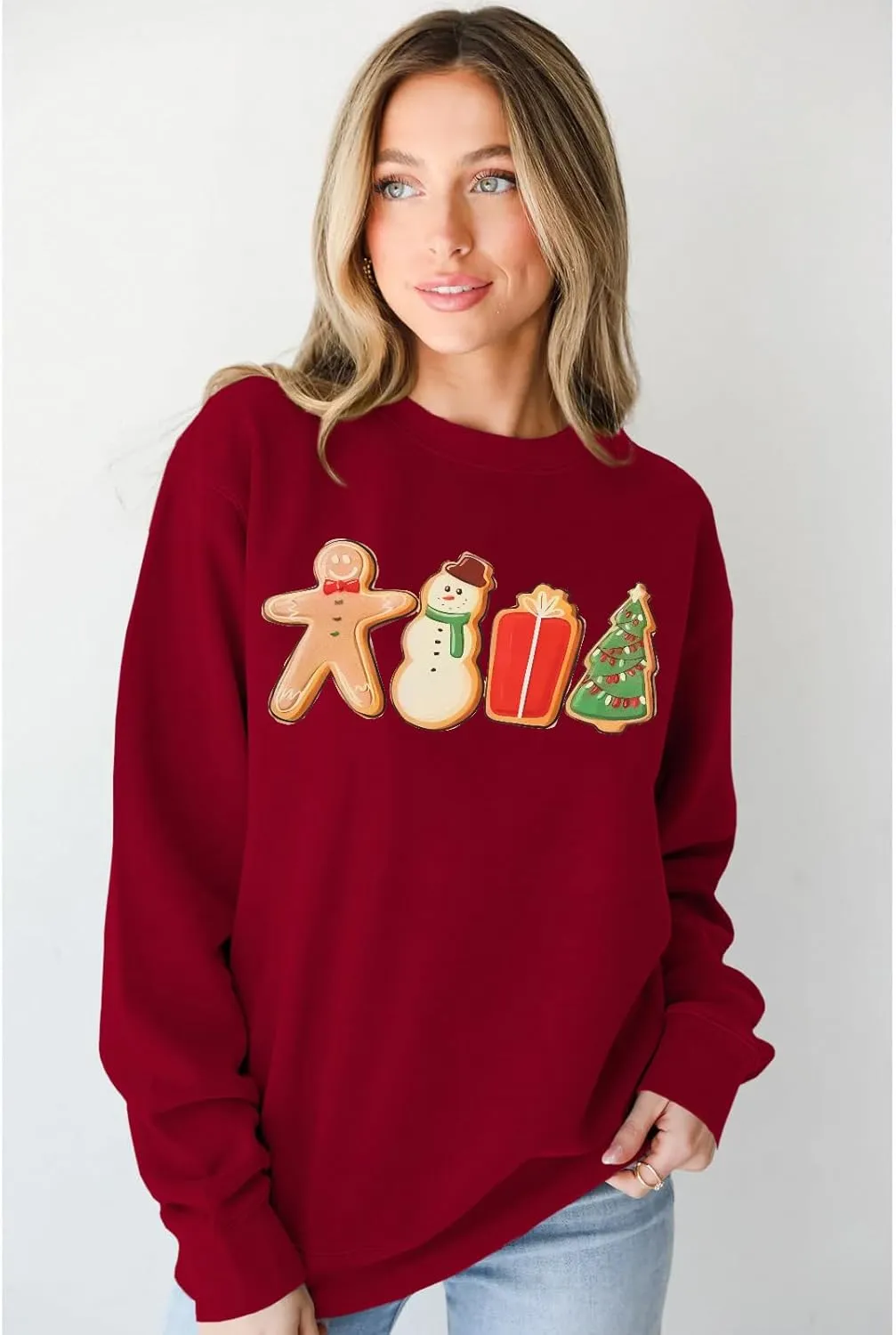IZYJOY Women Christmas Sweatshirt Gingerbread Cookies Graphic Oversized Sweaters Xmas Tree Crewneck Holiday Winter Gifts Top