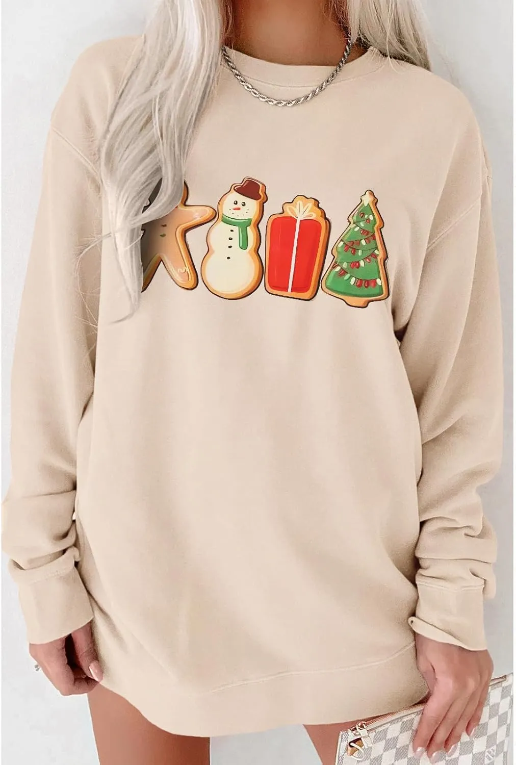IZYJOY Women Christmas Sweatshirt Gingerbread Cookies Graphic Oversized Sweaters Xmas Tree Crewneck Holiday Winter Gifts Top